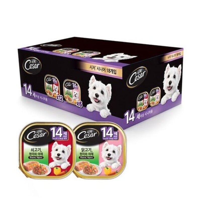 시저 14세 이상 시니어 강아지 주식캔 쇠고기 현미와 야채 100g x 12p + 닭고기 현미와 야채 100g x 6p, 소+닭, 1.8kg, 1세트