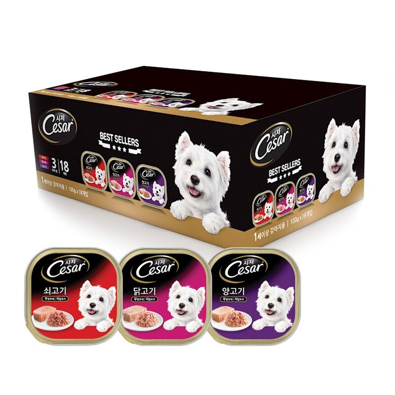 시저 1세이상 베스트 버라이어티팩 캔 쇠고기6p + 닭고기6p + 양고기6p, 소+닭+양, 100g, 18개