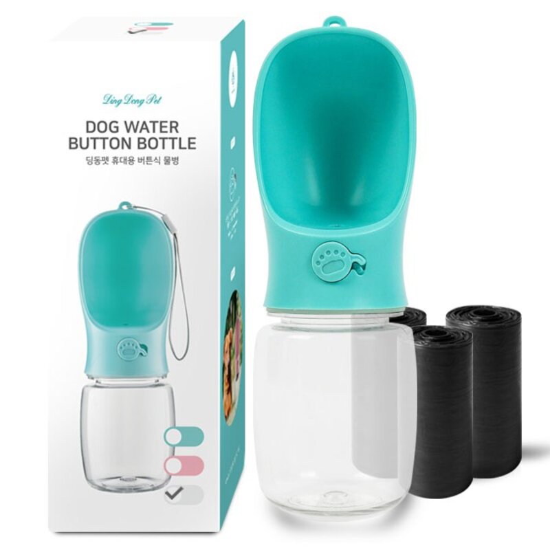 딩동펫 반려동물 휴대용 버튼식 물병 350ml + 풉백 3롤, 화이트, 1개