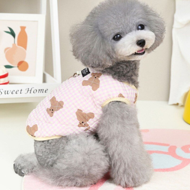 강아지 겨울옷 패딩 누빔 조끼 고양이, 체크곰패딩 조끼 핑크, 1개