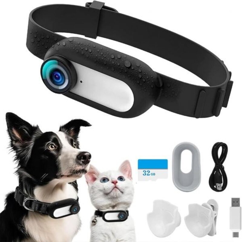AZURAOKEY 고양이 카메라 칼라 32GB SD 카드 HD 1080P 강아지 미니 바디 액션 칼라용 무선 애완동물 야외 생일 선물 Q1050190, 흰색_32GB