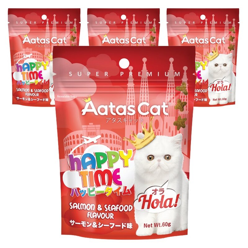 아타스캣 고양이 해피타임 연어 앤 씨푸드 건식사료, 60g, 4개