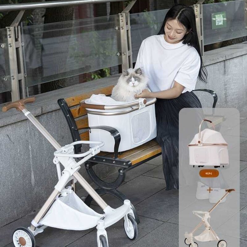 애완 동물 유모차 반려동물 이동카트, 살구 베이지 플러스 (PU 가죽) 특대형, 1개