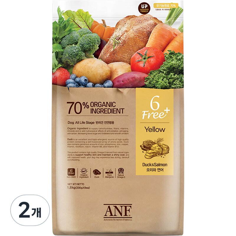ANF 전연령 독 식스프리 플러스 옐로우 건식사료, 오리고기+연어, 1.8kg, 1개