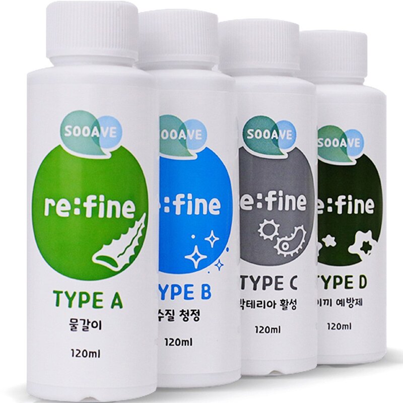 수아브 리파인 시리즈 수족관 약품 물갈이 120ml + 수질청정 120ml + 박테리아 활성 120ml + 이끼예방제 120ml 세트, 1세트