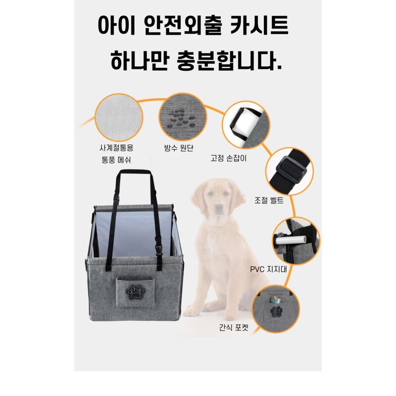 SAIVEINA 반려동물 강아지 고양이 여행용 소중형 차량용 방수 통풍 메쉬 안전 잠금 안락 카시트, 그레이, 1개