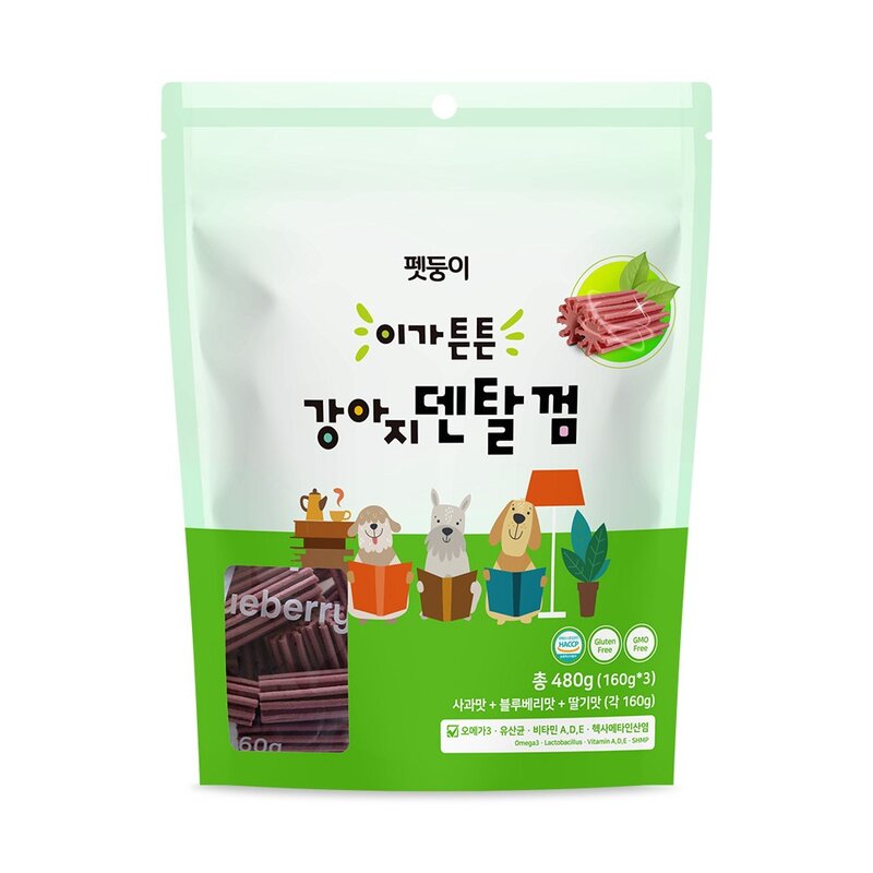펫둥이 이가튼튼 강아지 덴탈껌 3가지맛 480g 사과맛+블루베리맛+딸기맛, 1개