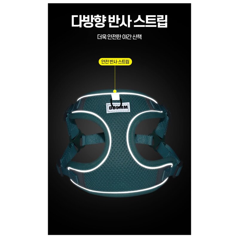 비즈엘 베이직 야간 빛 반사 하네스 + 리드줄 사계절용, 그린, 1세트