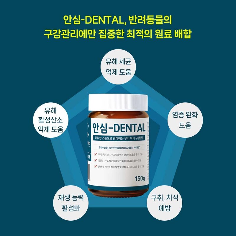 안심덴탈 150g 강아지 고양이 구강영양제 구강케어 잇몸관리 치석 구내염 치주염, 1개