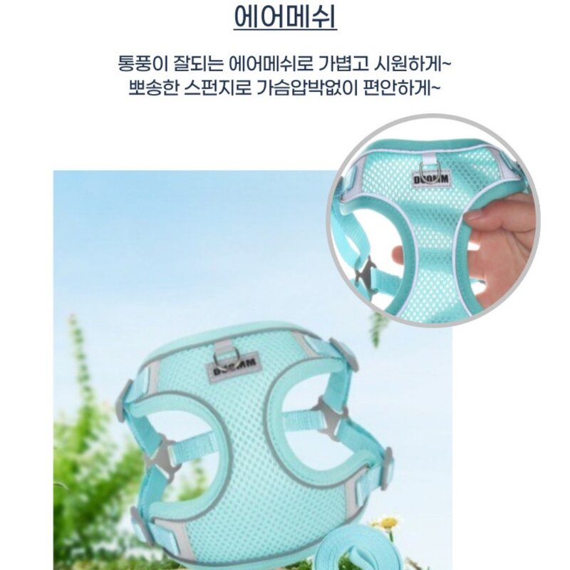 디아쿠아 강아지 고양이 겸용 야광 빛반사 메쉬 하네스+리드줄, 민트, 1개