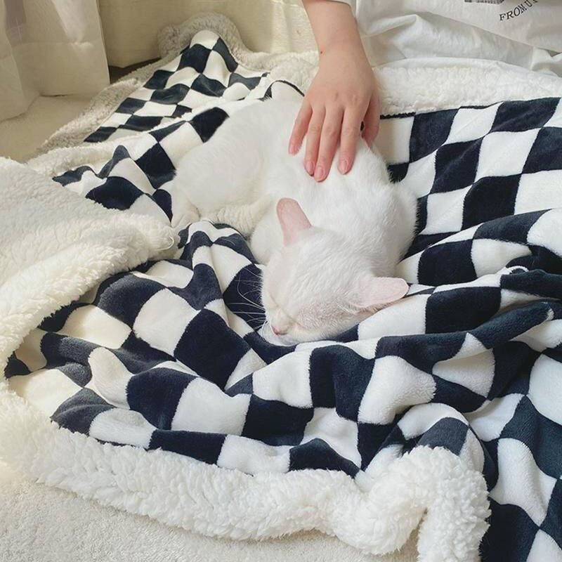 바둑판 체크 반려동물 담요 고양이 전용 작은 이불 코랄 사계절 공용 고양이 수면 매트 강아지 담요, 노랑고양이(흰털), S-스몰(40x60cm), 1개