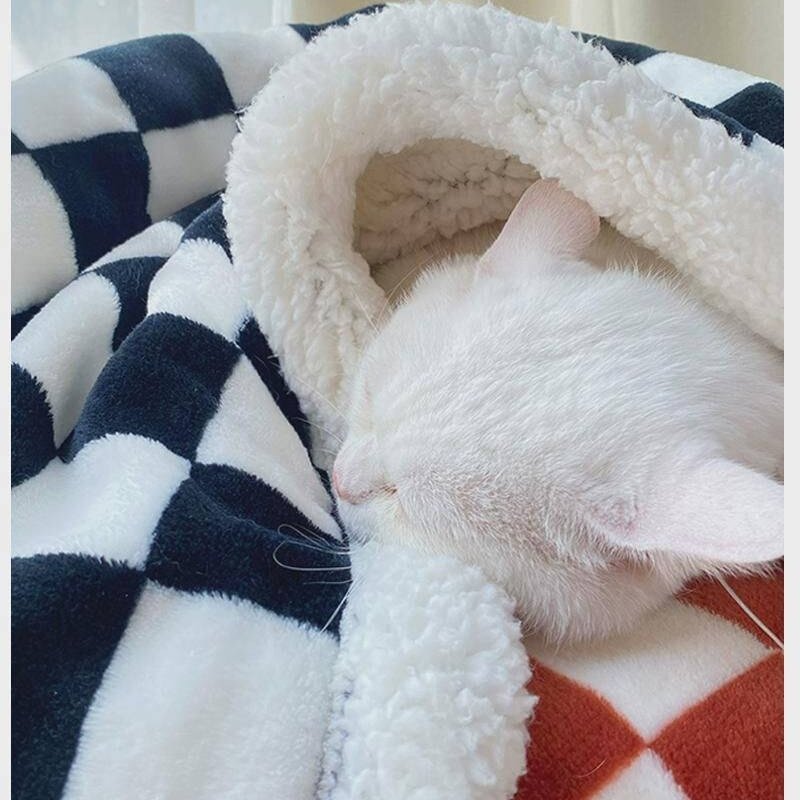 바둑판 체크 반려동물 담요 고양이 전용 작은 이불 코랄 사계절 공용 고양이 수면 매트 강아지 담요, 노랑고양이(흰털), S-스몰(40x60cm), 1개