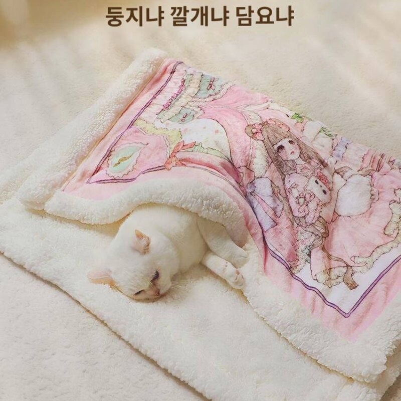 궁냥이 전용 담요 고양이 매트 잠자기용 애견 담요 고양이용 고양이 담요 강아지 이불 덮기 겨울, 핑크케이크토끼(화이트폴라), L-대형(100x70cm), 1개