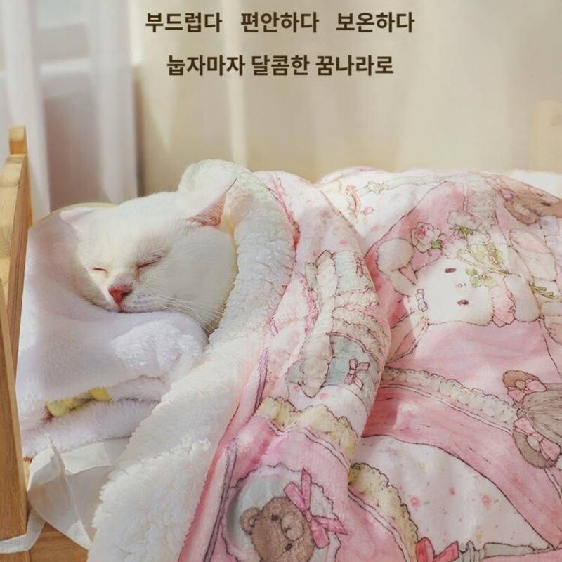 궁냥이 전용 담요 고양이 매트 잠자기용 애견 담요 고양이용 고양이 담요 강아지 이불 덮기 겨울, 핑크케이크토끼(화이트폴라), L-대형(100x70cm), 1개