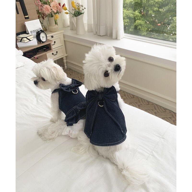 카로펫 강아지 고양이 청 하네스 옷 데님 원피스 티셔츠