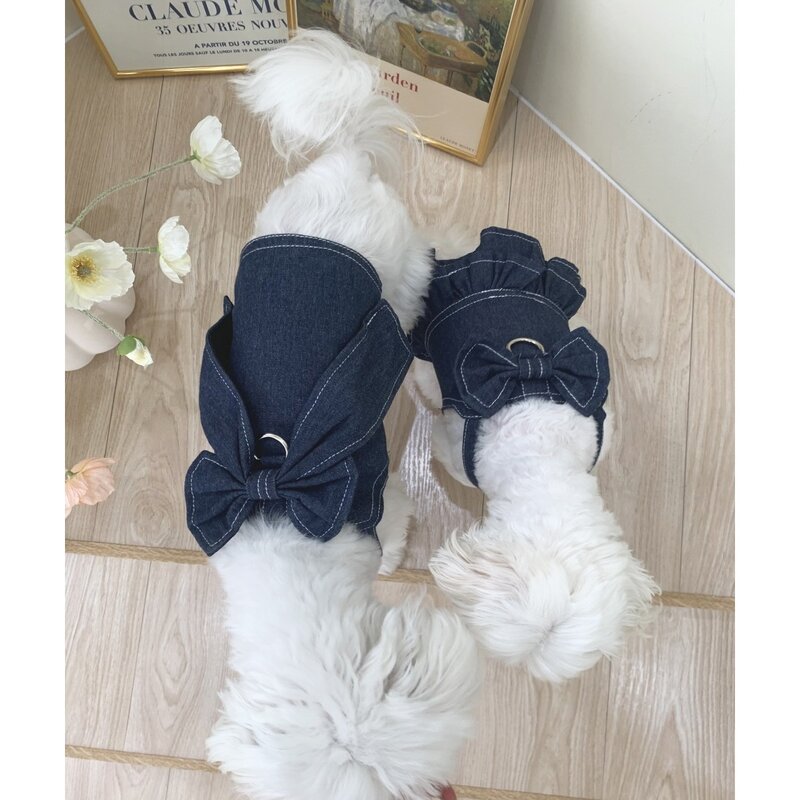 카로펫 강아지 고양이 청 하네스 옷 데님 원피스 티셔츠