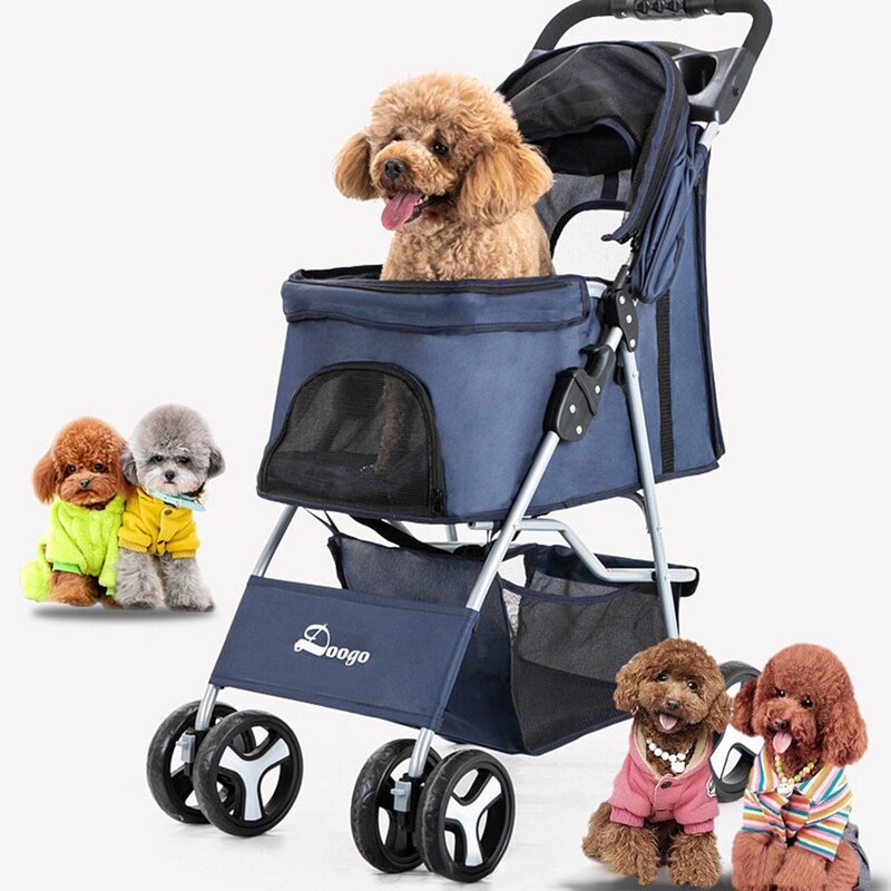 JUIMIMI 애완 동물 강아지 고양이 유모차 개모차 반려동물 4륜 일체형 유모차, 네이비, 1개