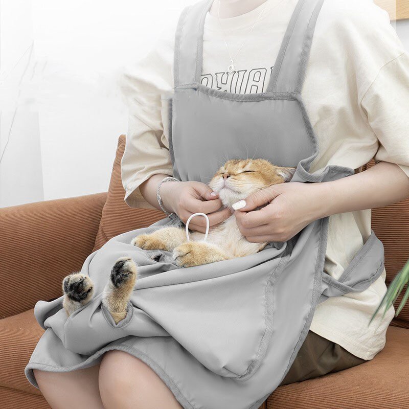 HANTAO 고양이 그루밍 앞가방 앞치마 애견미용가운 발톱깎기 가운 목욕, 그레이, 1개