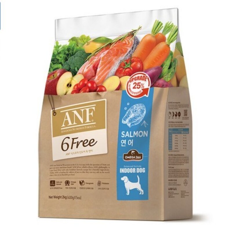 ANF 전연령 식스프리 인도어 독 강아지 건식사료 연어 2kg 1개