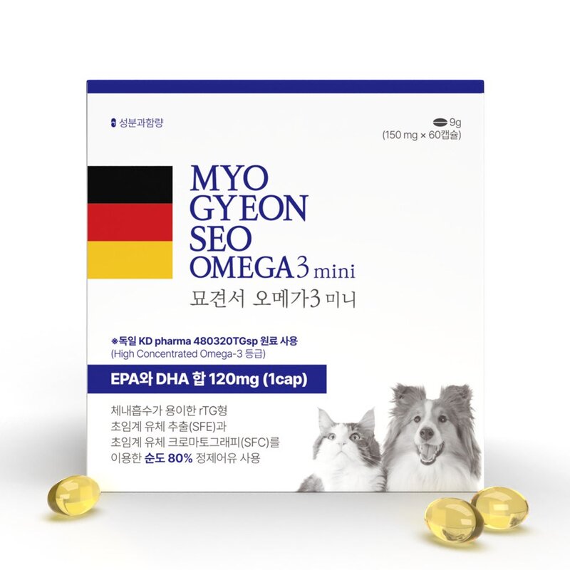 묘견서 강아지 고양이 오메가3 미니 3oval 60캡슐 (2개월분) 순도 80% KDpharma 독일 원료, 1개