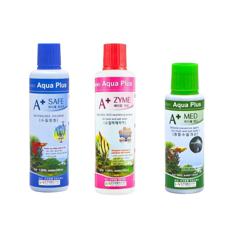 아쿠아플러스 수족관 세이프 수질 안정제 260 ml + 자임 수질 박테리아 260 ml + 메드 종합 예방제 120 ml, 1세트