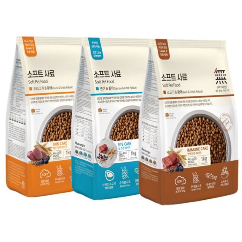 무마진 강아지 소프트사료 3kg (1kg x 3) 소고기와 황태 연어와 황태 오리고기와 황태 골고루 1개씩, 0 소고기와 황태, 3kg, 1개