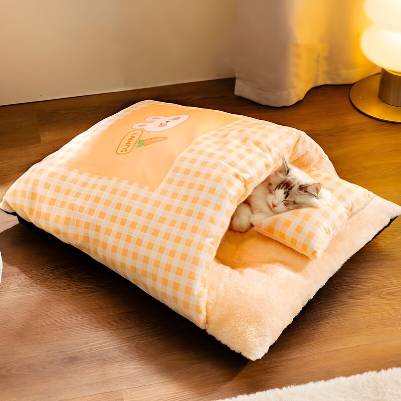 고양이 강아지 침낭 숨숨집 이불베개세트, S(2-3.5KG), 옐로우, 1개